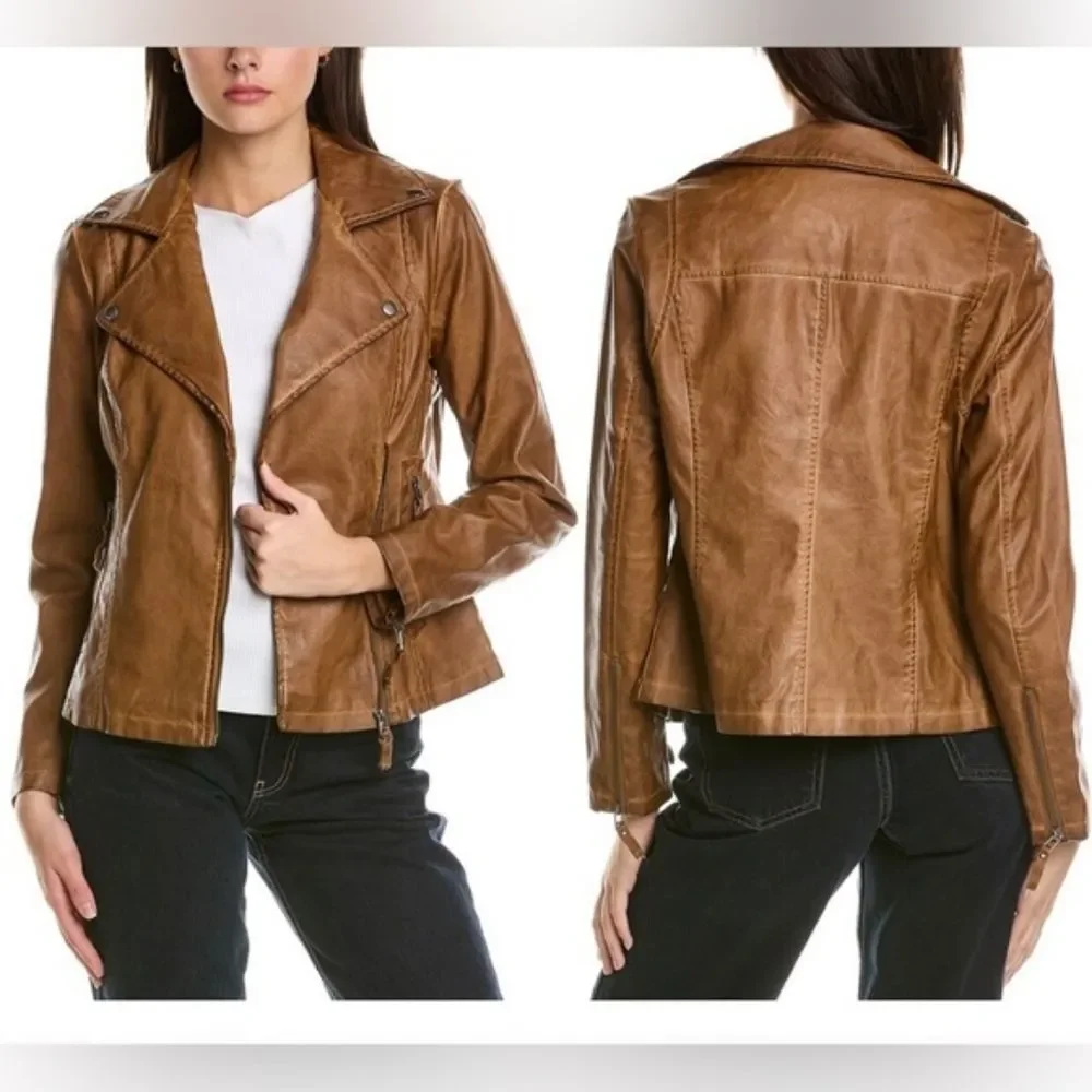 Max Studio Vegan Faux Leather Asymmetric Zip Moto Jacket Cognac Brown Large NWT